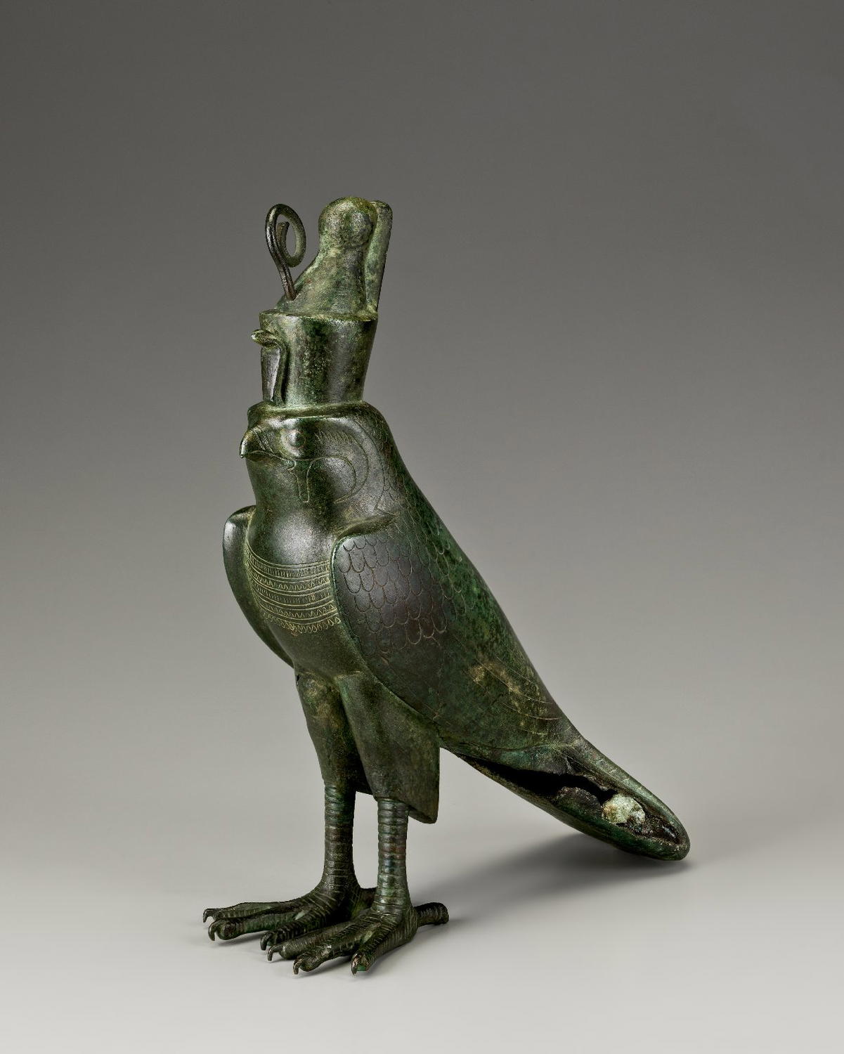 Horus Falcon-Form Coffin, 664–30 B.C.E.. Bronze, gold, 11 3/4 x 2 3/4 x 11 1/2 in. (29.8 x 7 x 29.2 cm). Brooklyn Museum, Charles Edwin Wilbour Fund, 05.394. (Photo: Brooklyn Museum (Gavin Ashworth, photographer))