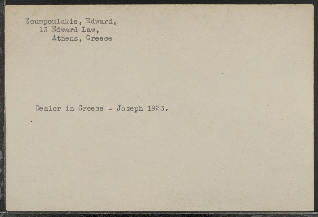 Brummer Gallery dealer card for Zoumpoulakis 