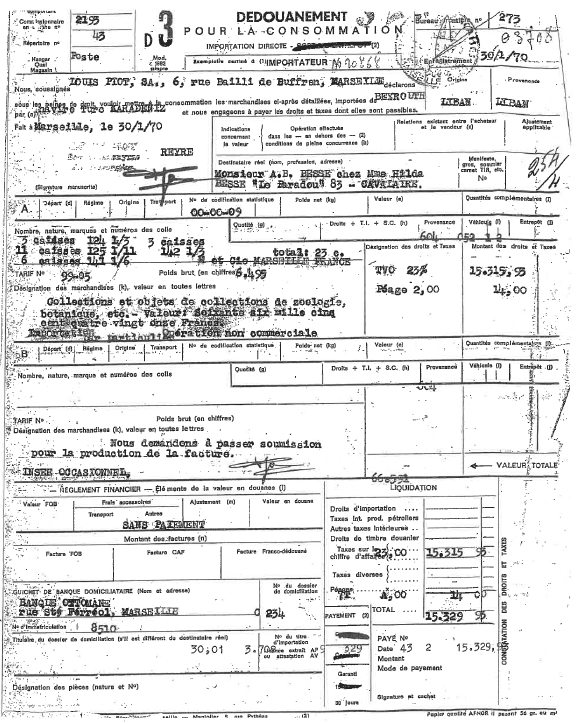 Shipping documents for transporting mosaics from Beirut to Marseille, dated January 1970