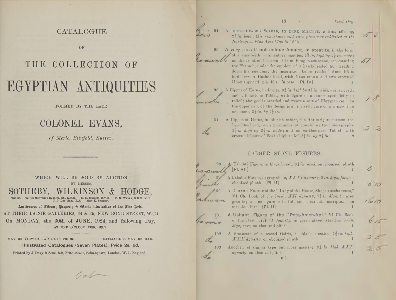 Catalogue of The Collection of Egyptian Antiquities formed by the late Colonel Evans of Merle, Slinfold, Sussex, Sotheby, Wilkinson & Hodge, 30 June 1924, London, Lot 100