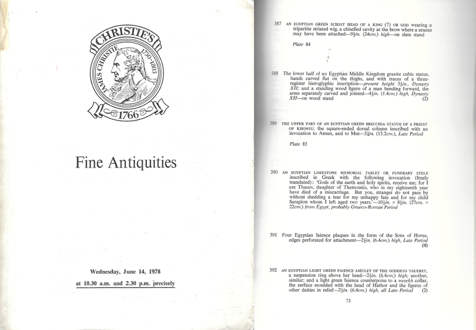 Christie's Fine Antiquities sale, 14 June 1978, Lot 387.