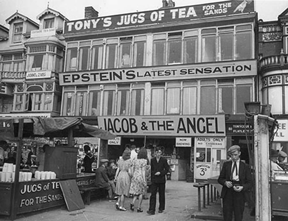 Signs advertising Epstein’s Jacob and the Angel (1940-1) at Louis Tussaud’s Waxworks, Blackpool
