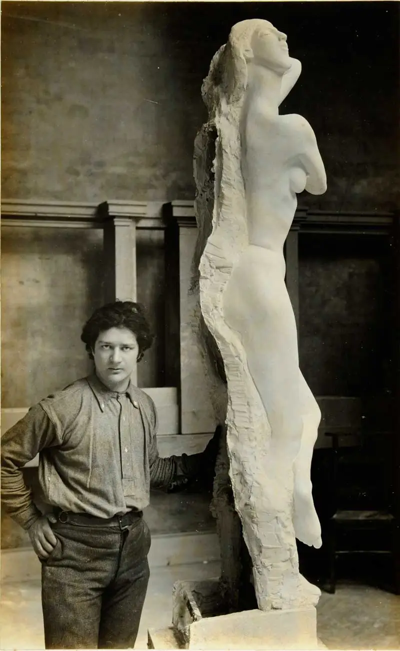 Jacob Epstein at work on one of the statues for the British Medical Association building, The Sketch (8 July 1908)