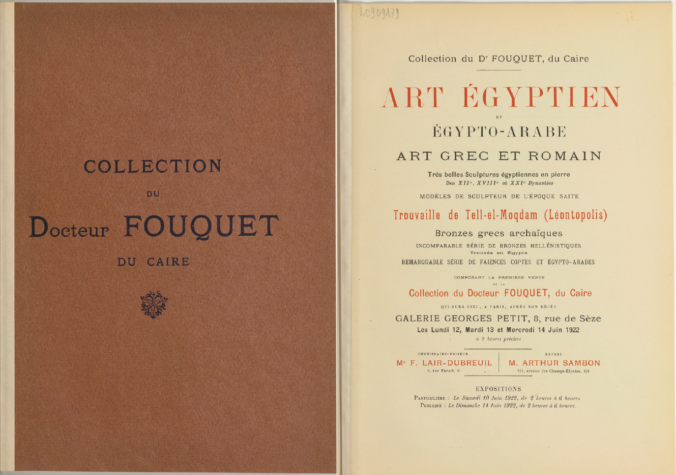 Collection du Dr Fouquet, du Caire, Galerie Georges Petit, Paris, 12-14 June 1922, Lot 96. 