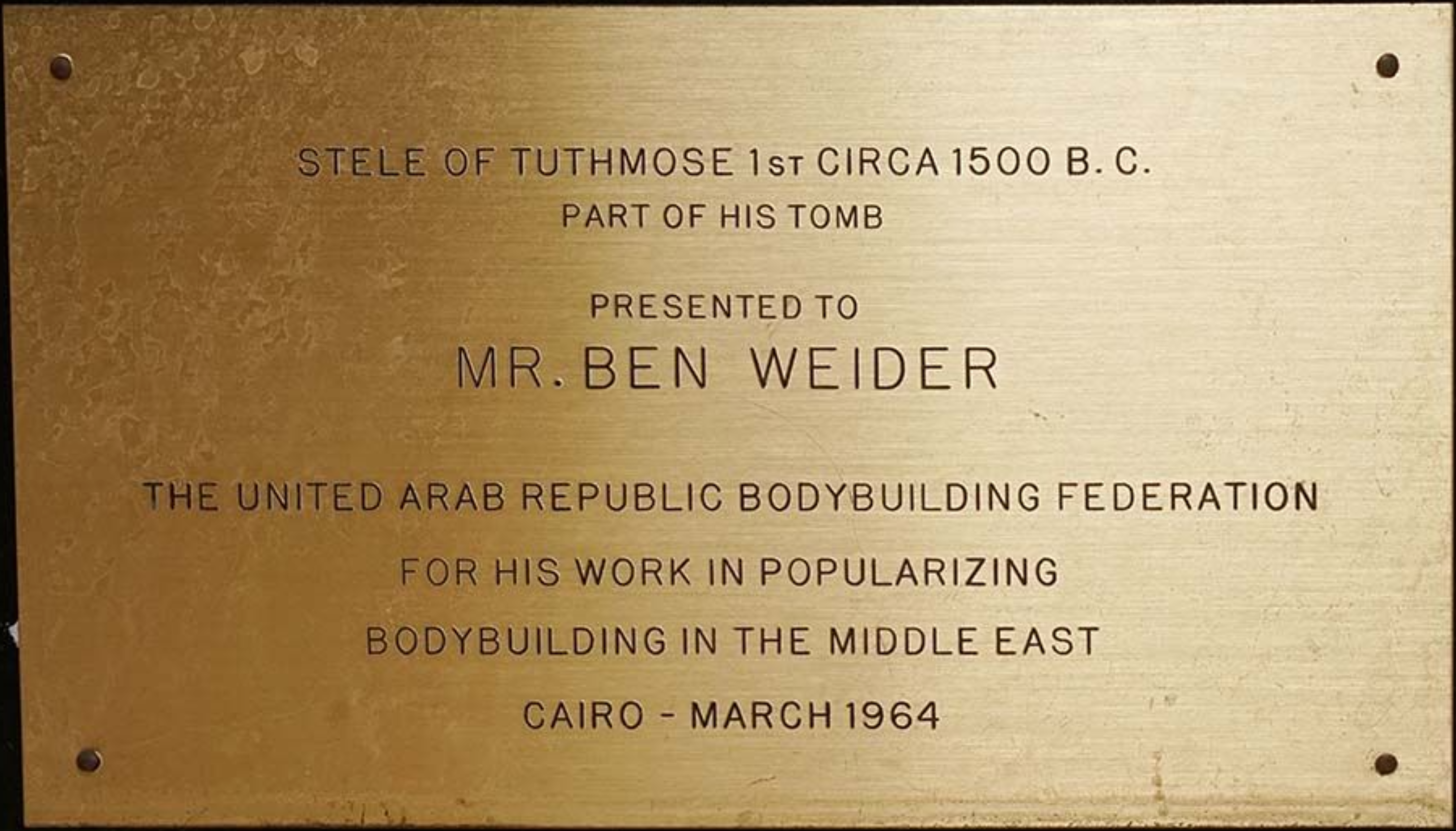 Plaque presented to Ben Weider by the United Arab Republic of Bodybuilding Federation 