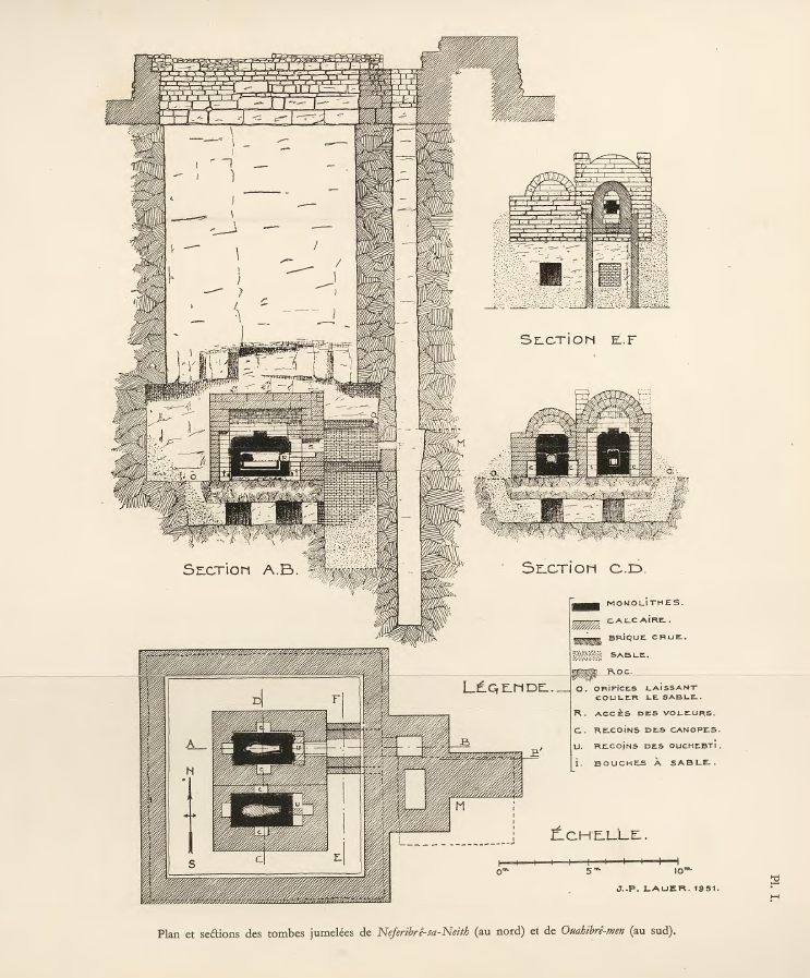 Plan and sections of the tomb of Nefer-ib-re-sa-Neith. Ét. Drioton and J-P Lauer, ‘Fouilles à Saqqarah: Les Tombes Jumelées de Neferibrê-sa-Neith et de Ouahibrê-Men’, Annales du Service des Antiquités de l’Égypte, 51 (1951), pl. I.